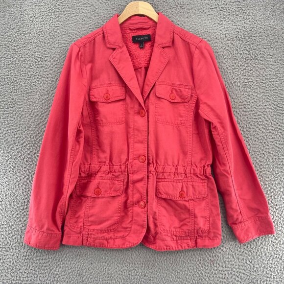 Talbots Jackets & Blazers - Talbots Jacket Womens Medium Coral Twill Cotton Linen Blend Safari Pockets